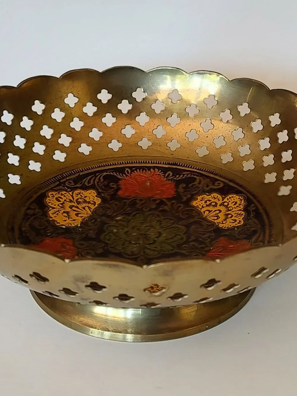 Vintage Indian Brass Pedestal Bowl Pierced Woven Design Enameled Floral Center